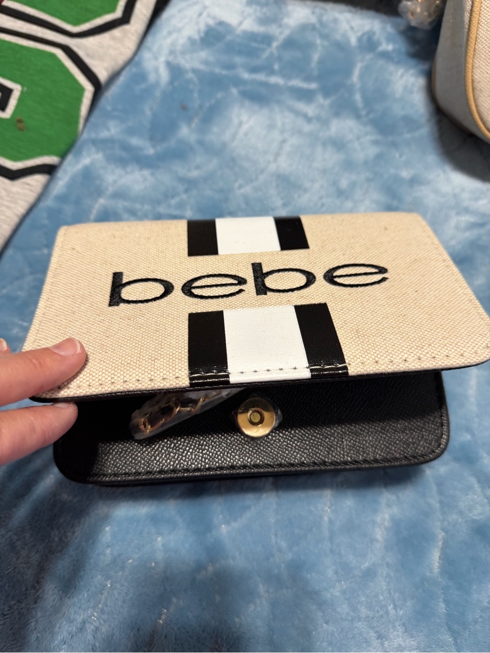 bebe Beige Canvas Crossbody with Black and White Stripes